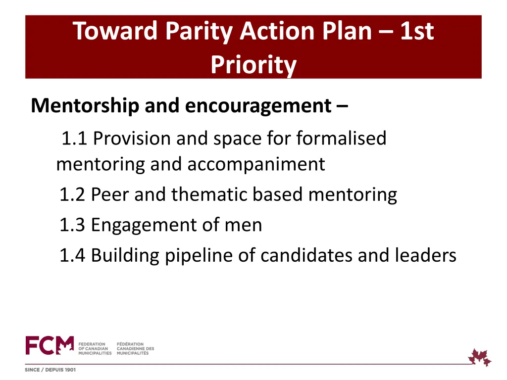 toward parity action plan 1st priority