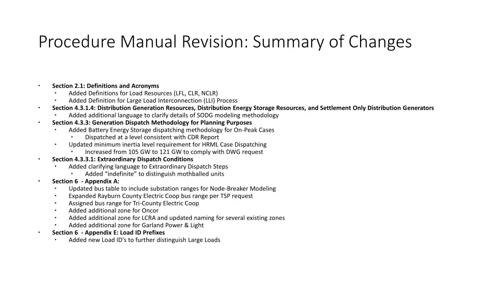 procedure manual revision summary of changes