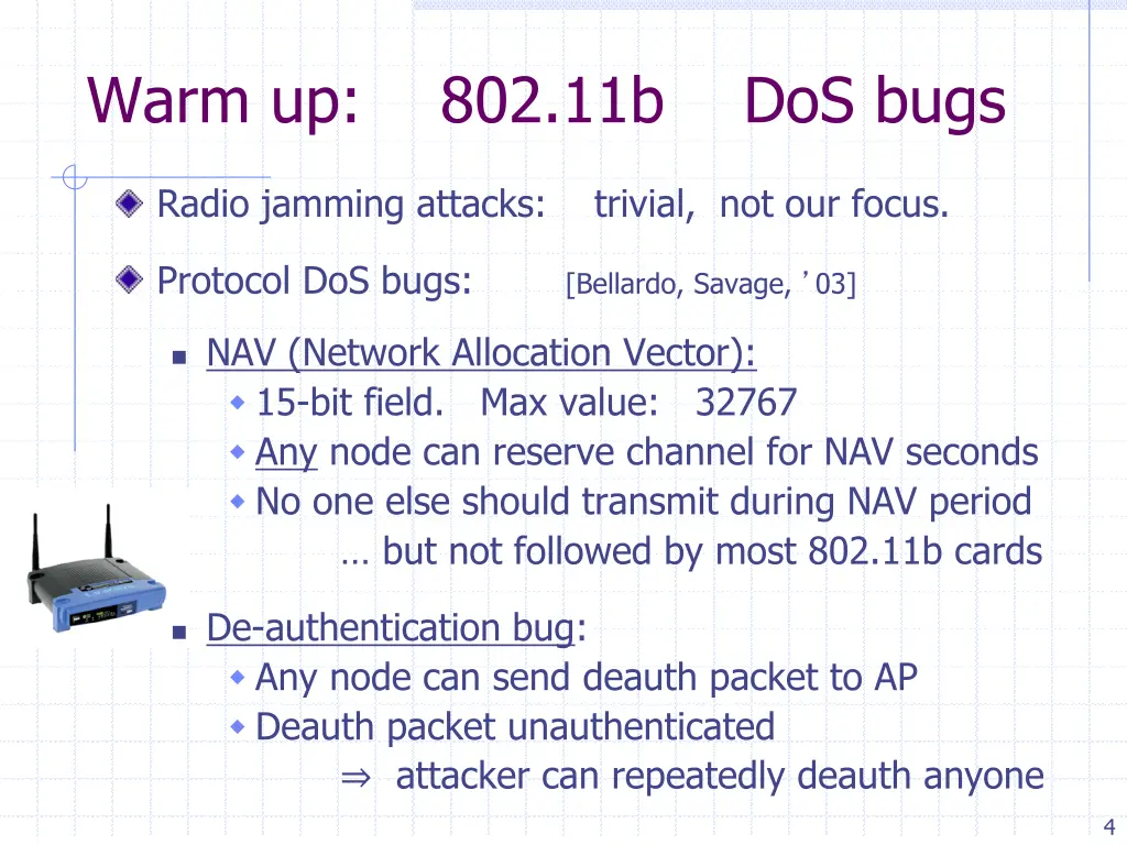 warm up 802 11b dos bugs
