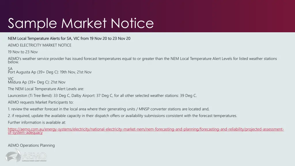 sample market notice