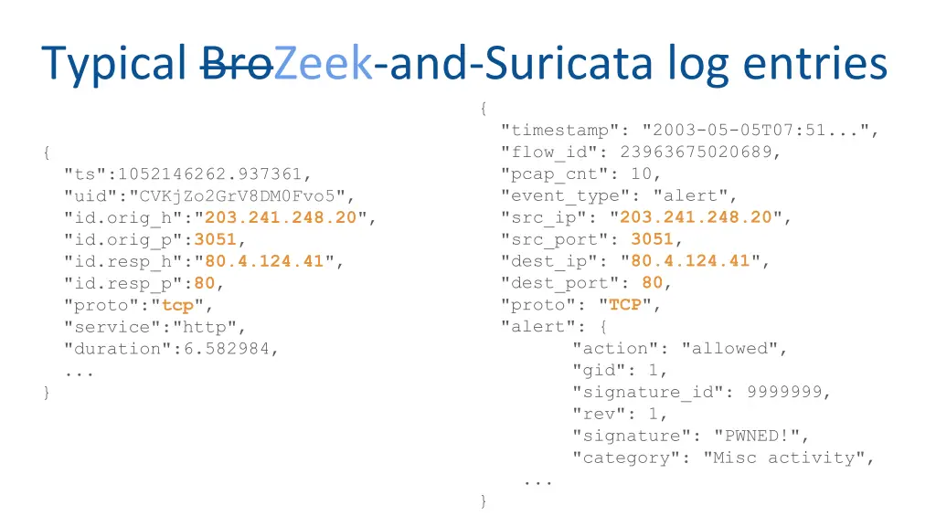 typical brozeek and suricata log entries 1