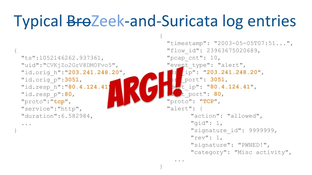 typical brozeek and suricata log entries 2