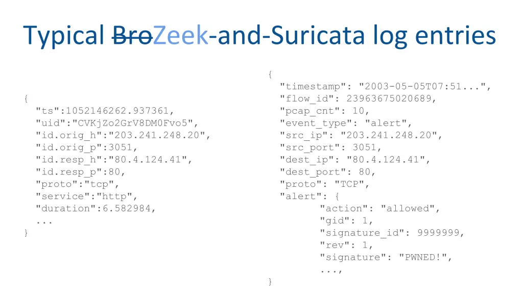 typical brozeek and suricata log entries 3