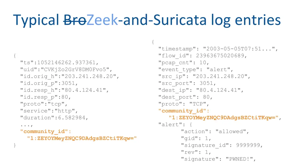 typical brozeek and suricata log entries 4