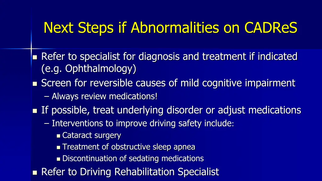 next steps if abnormalities on cadres 1