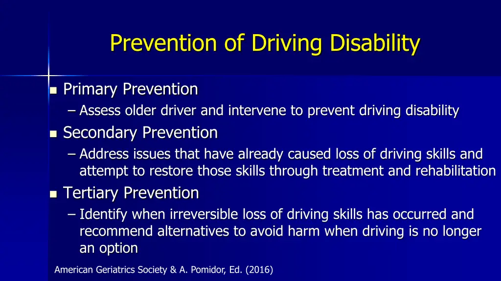 prevention of driving disability