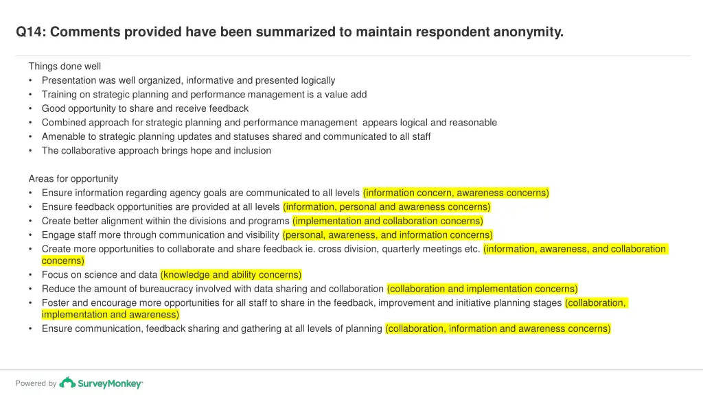 q14 comments provided have been summarized