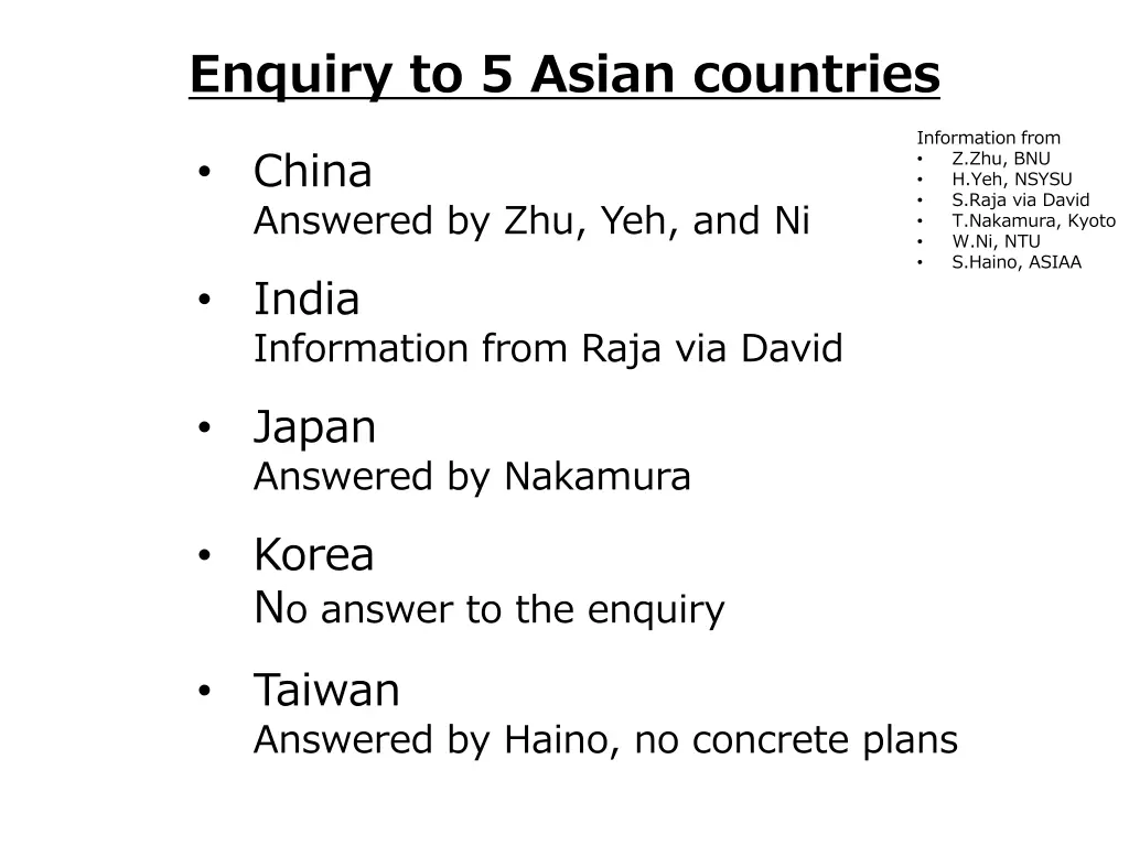 enquiry to 5 asian countries