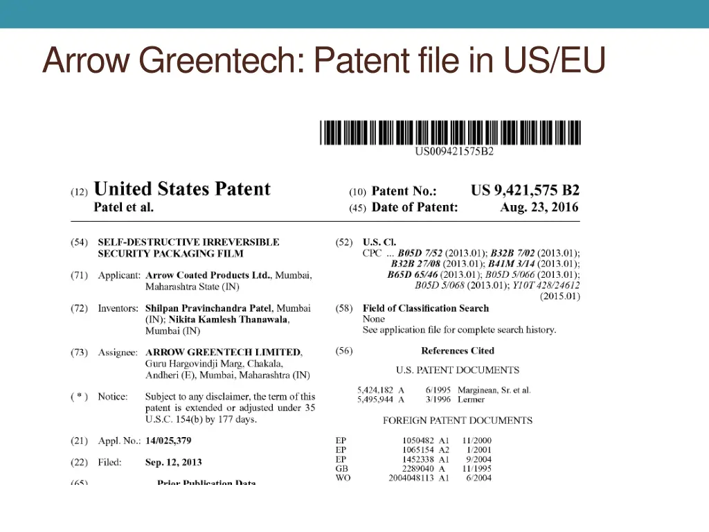 arrow greentech patent file in us eu