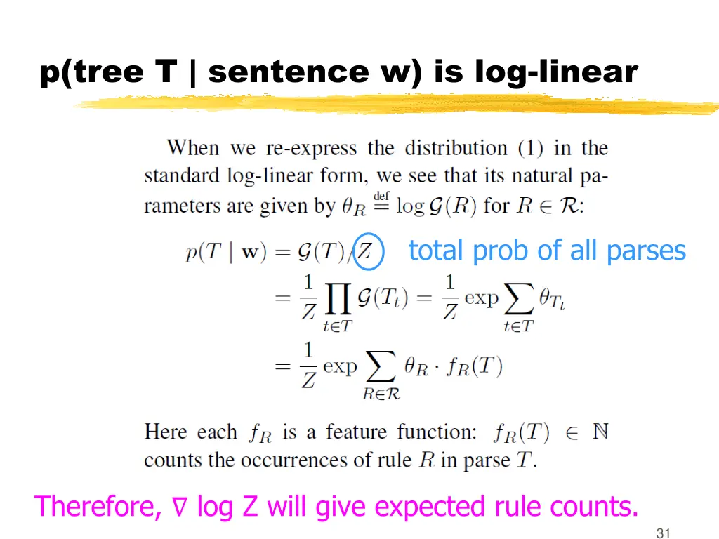 p tree t sentence w is log linear