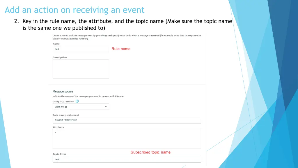 add an action on receiving an event