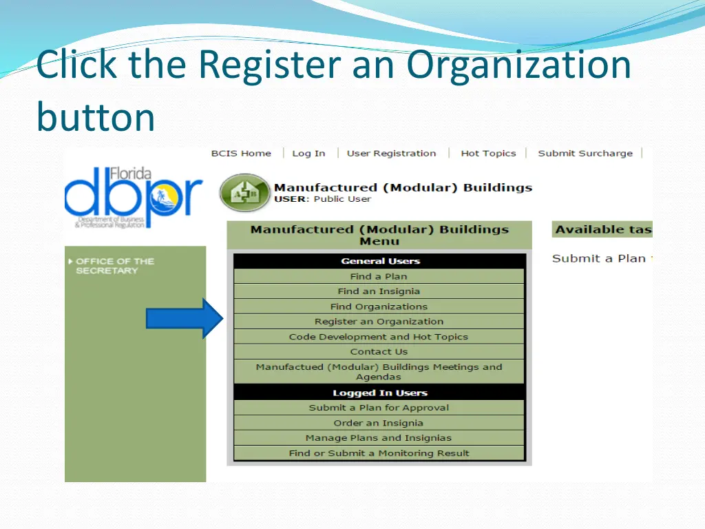click the register an organization button