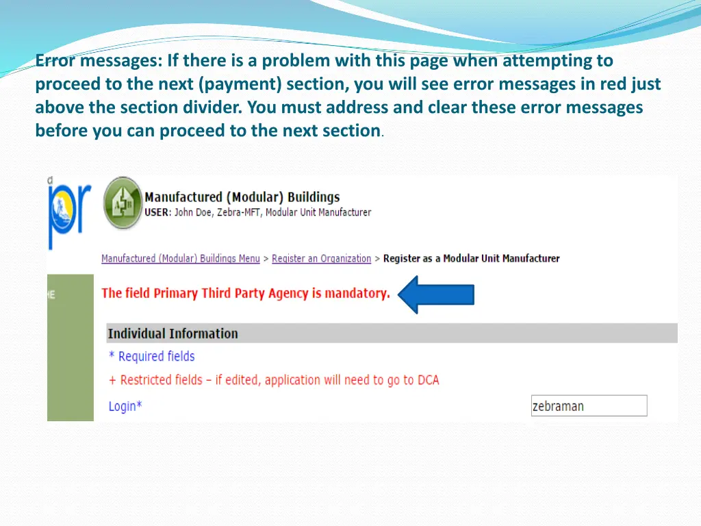 error messages if there is a problem with this