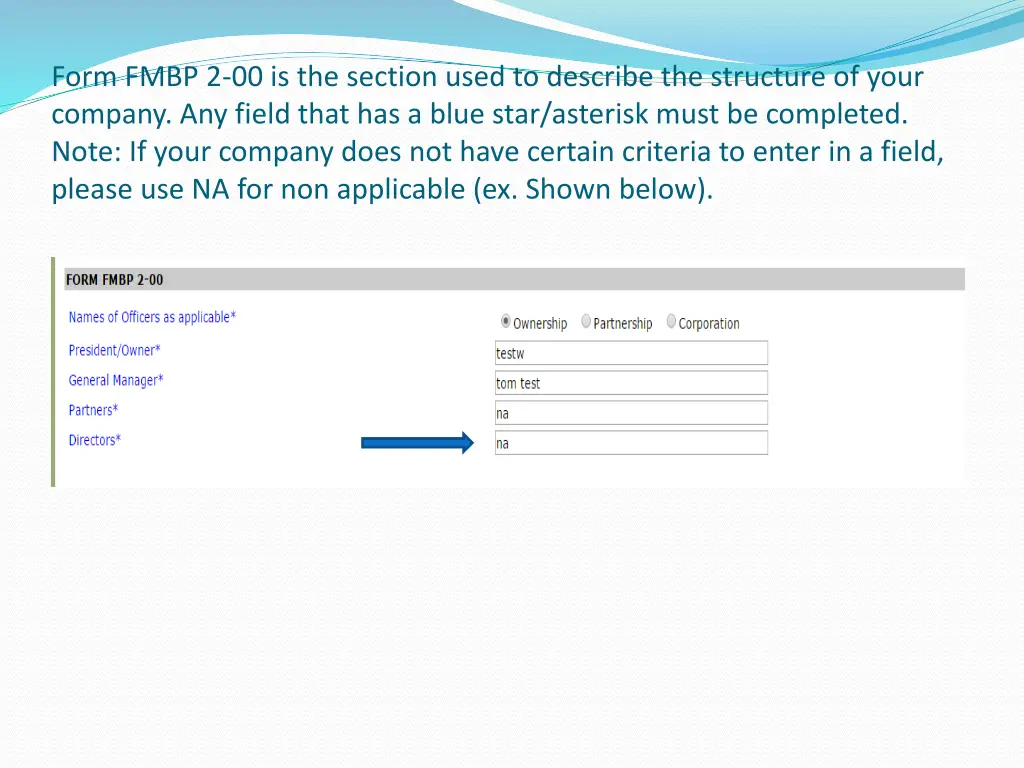 form fmbp 2 00 is the section used to describe