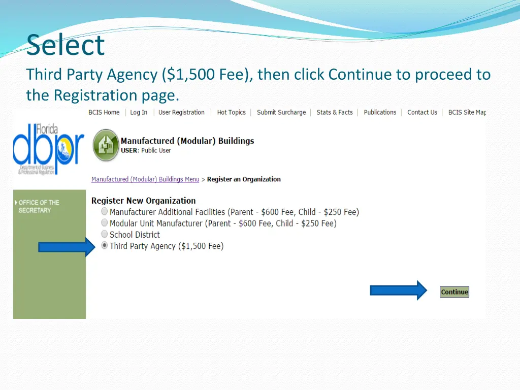 select third party agency 1 500 fee then click