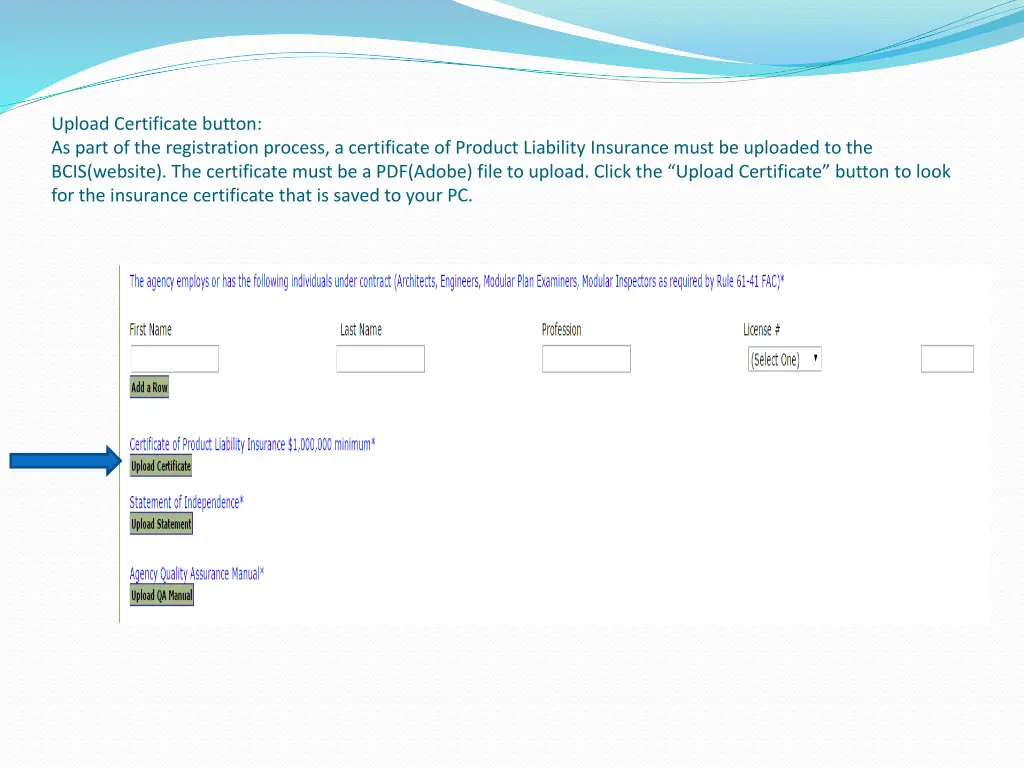 upload certificate button as part