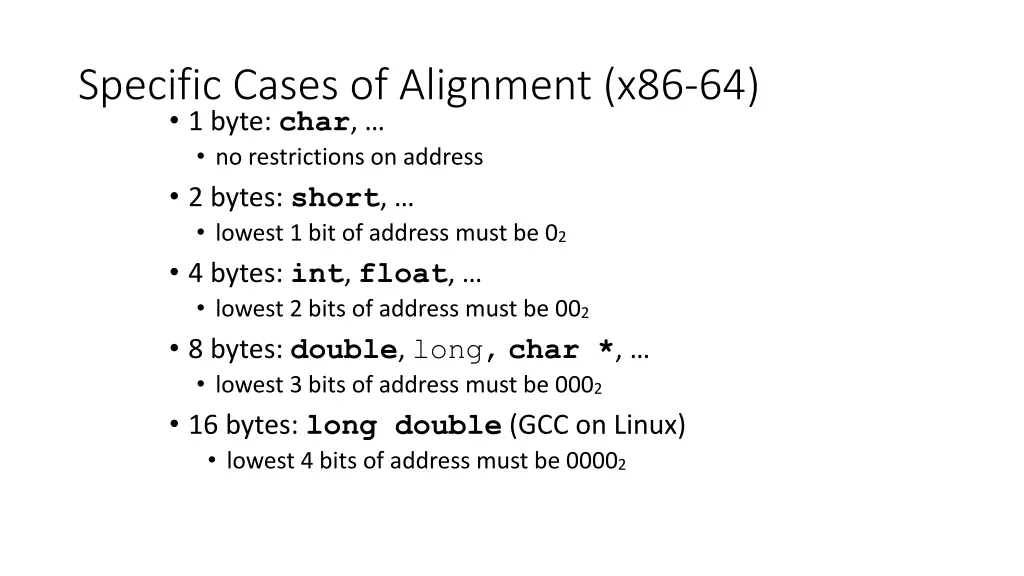 specific cases of alignment x86 64 1 byte char