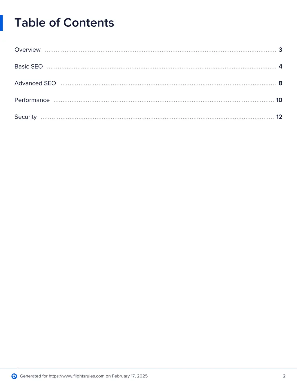 table of contents