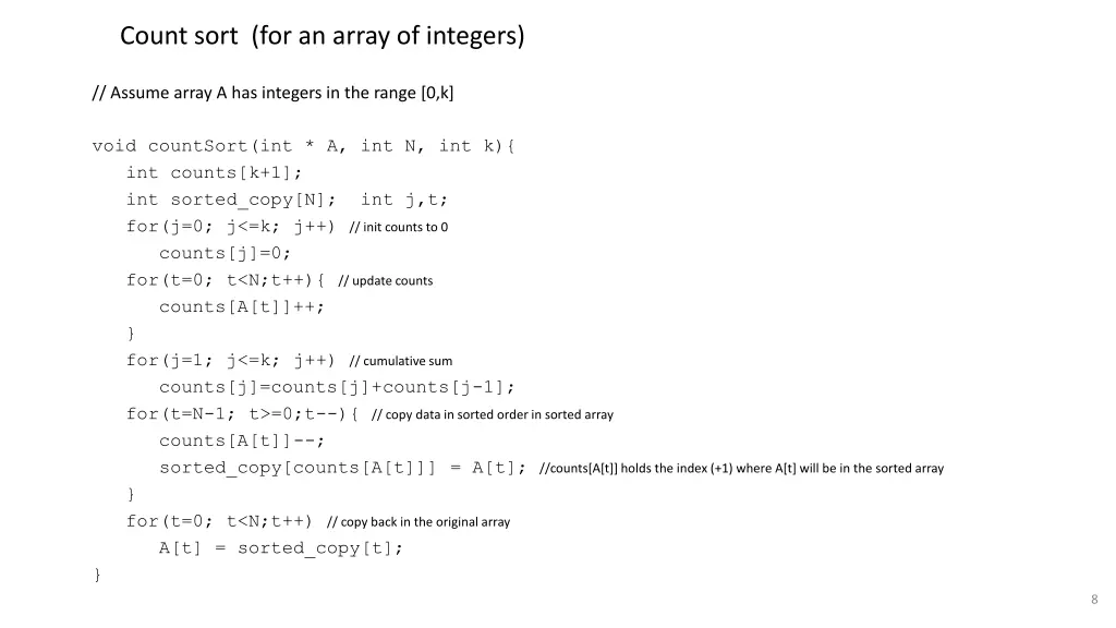 count sort for an array of integers