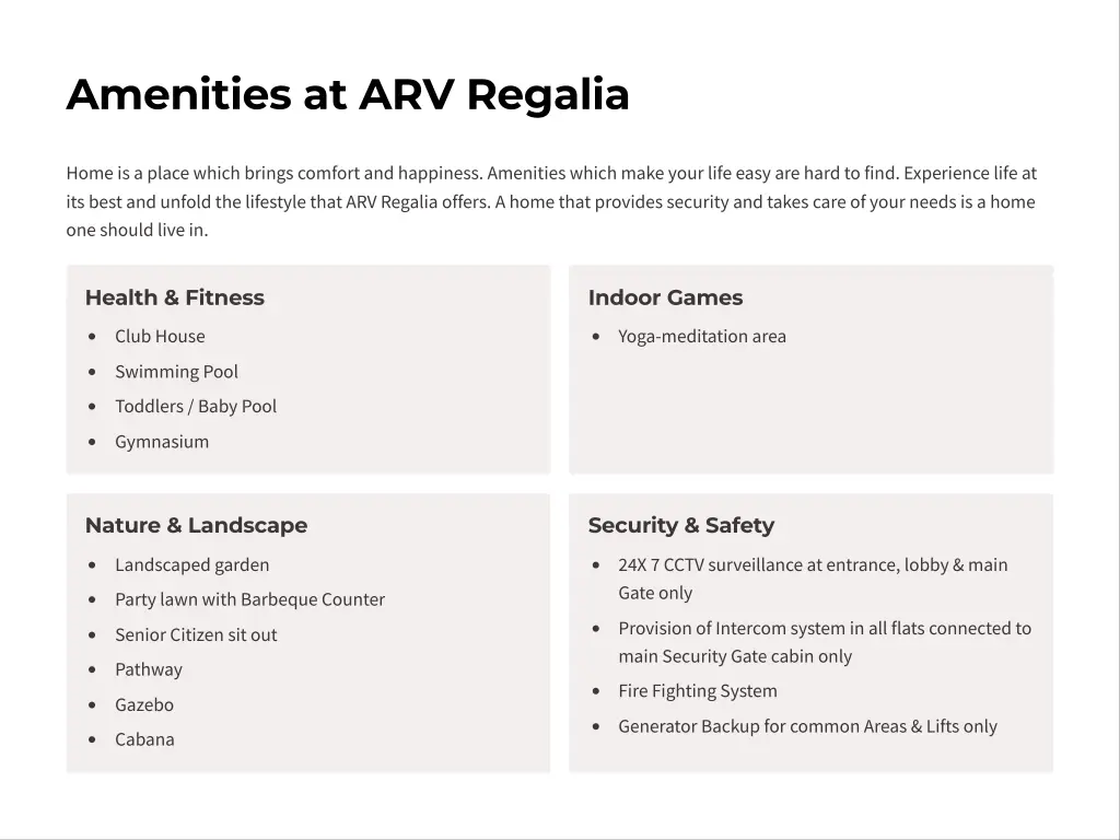 amenities at arv regalia