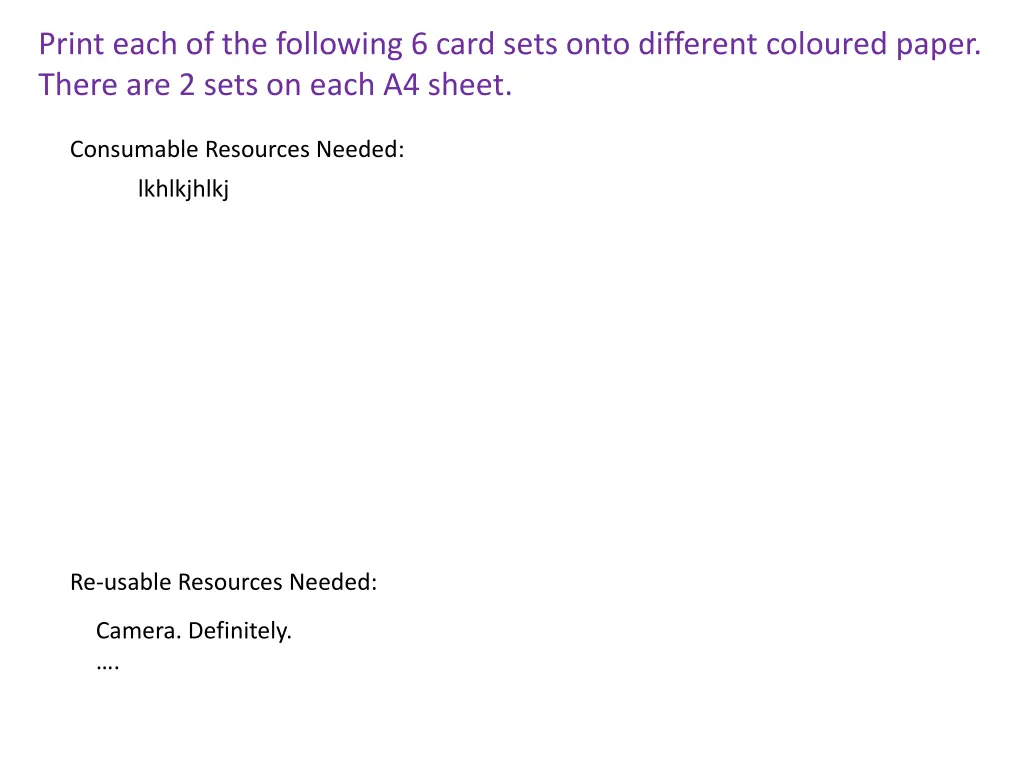 print each of the following 6 card sets onto