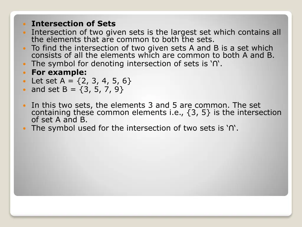 intersection of sets intersection of two given