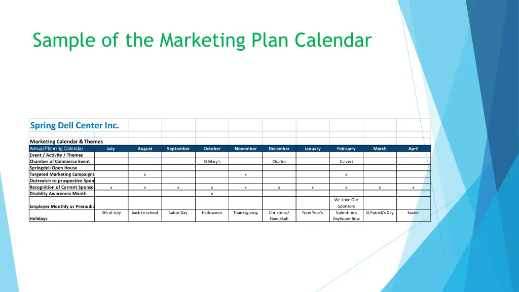 sample of the marketing plan calendar