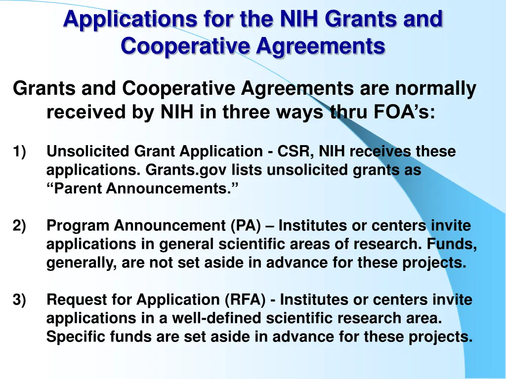 applications for the nih grants and cooperative