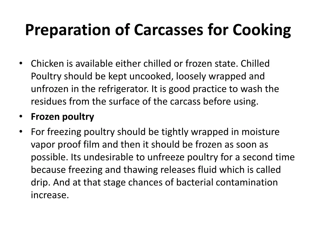 preparation of carcasses for cooking