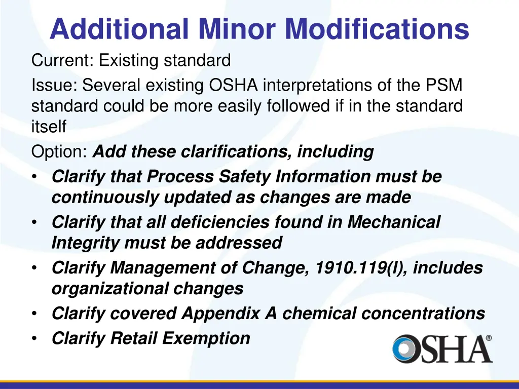 additional minor modifications current existing