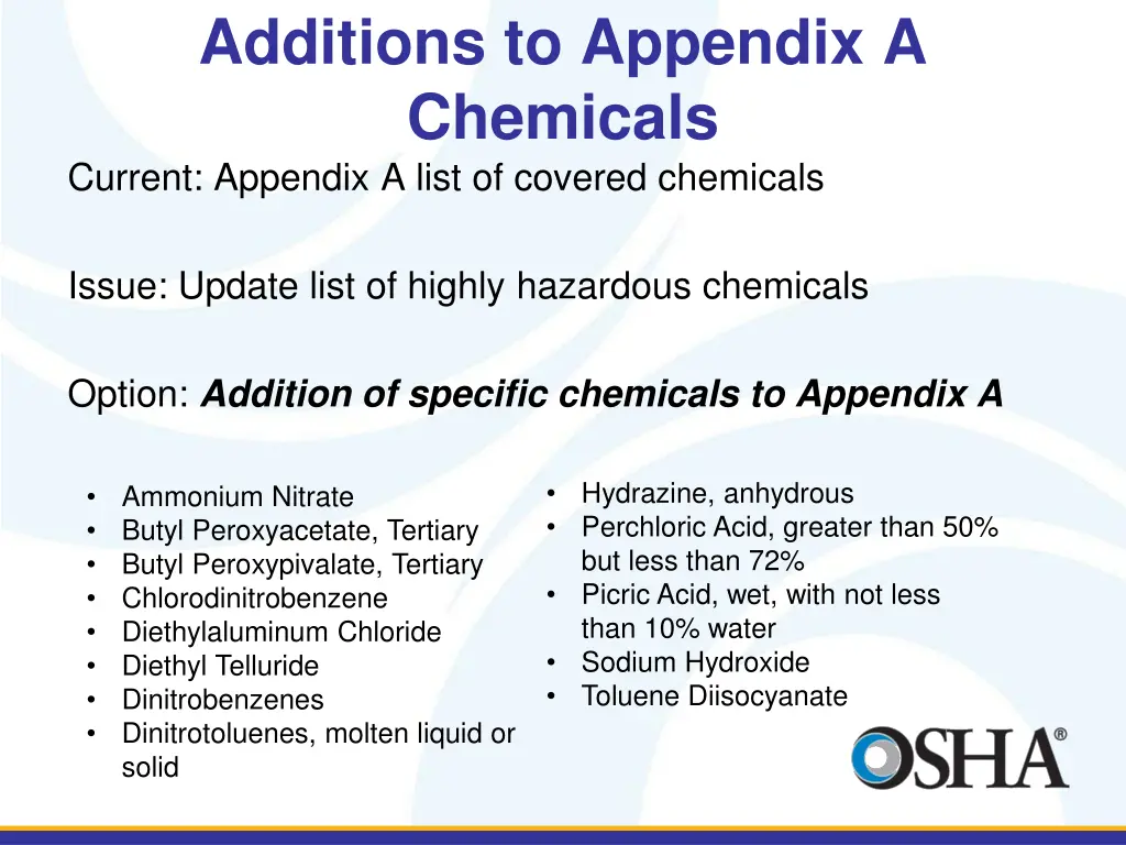 additions to appendix a chemicals current