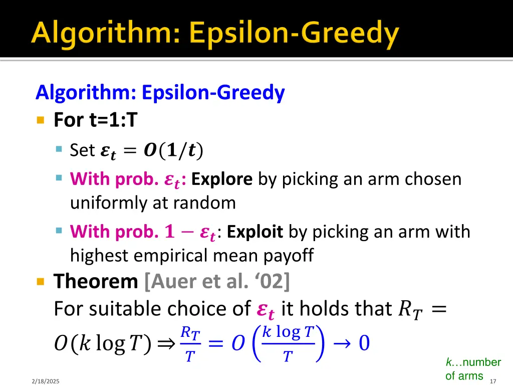 algorithm epsilon greedy for t 1 t set with prob