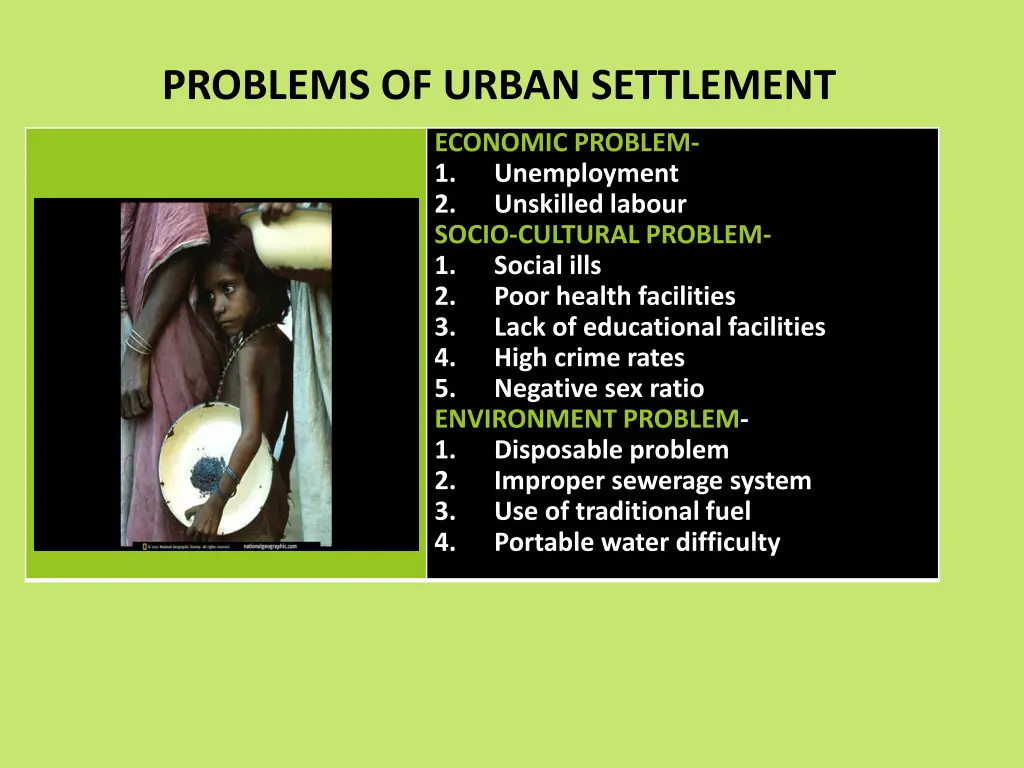problems of urban settlement