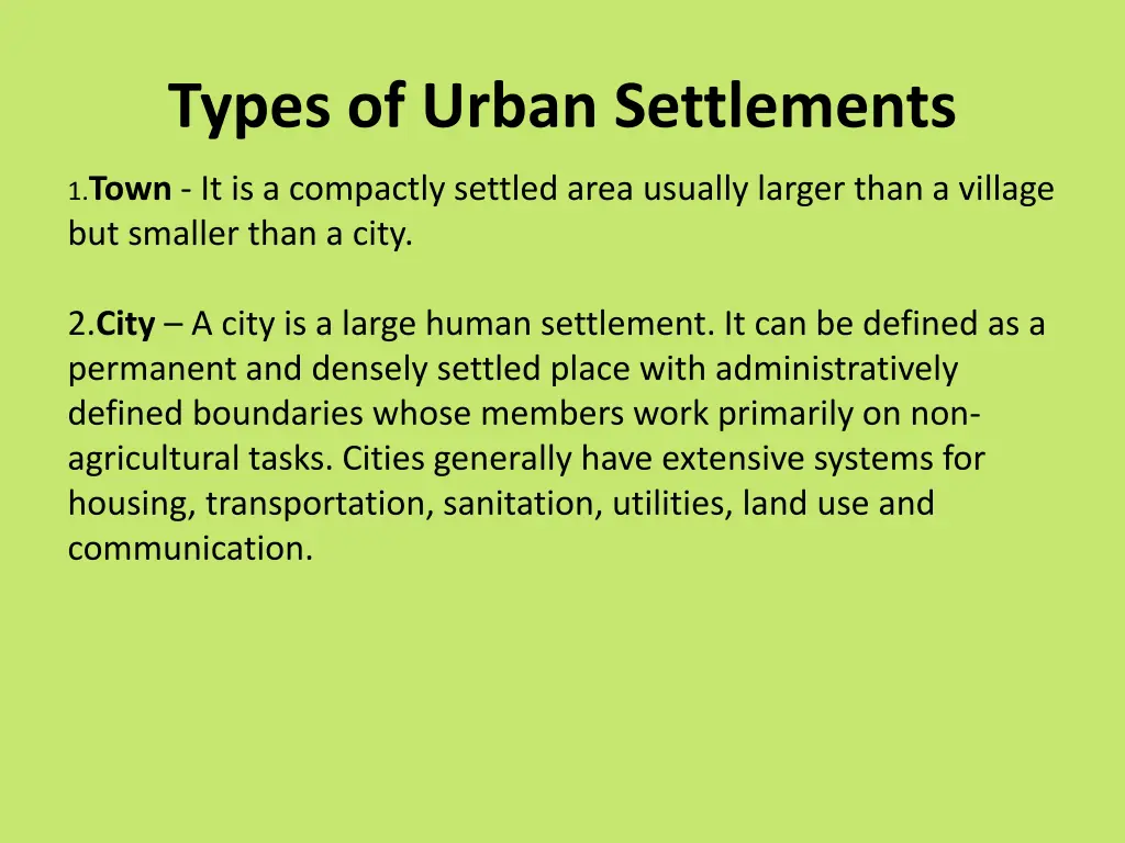 types of urban settlements