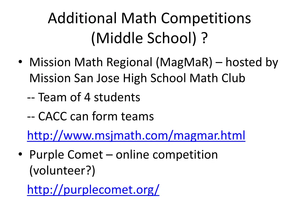 additional math competitions middle school