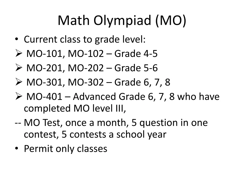 math olympiad mo current class to grade level