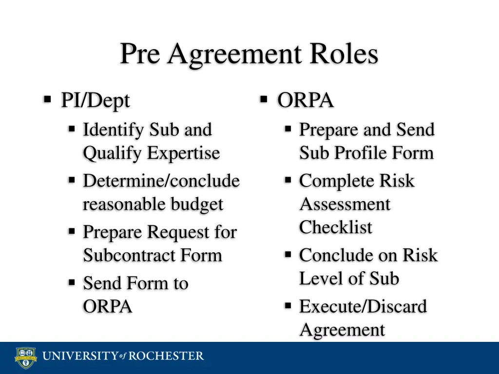 pre agreement roles