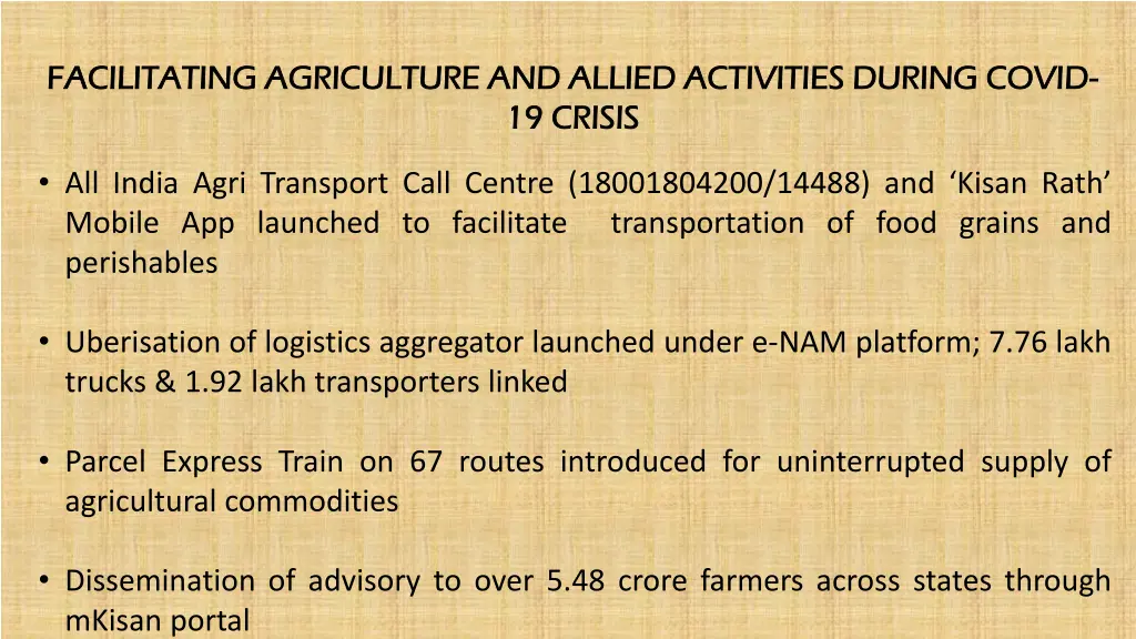 facilitating agriculture and allied activities