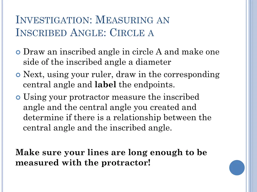 i nvestigation m easuring an i nscribed a ngle