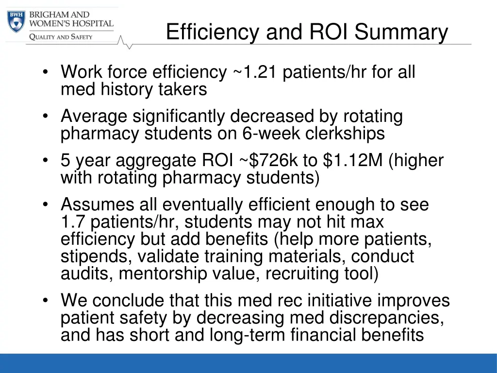 efficiency and roi summary