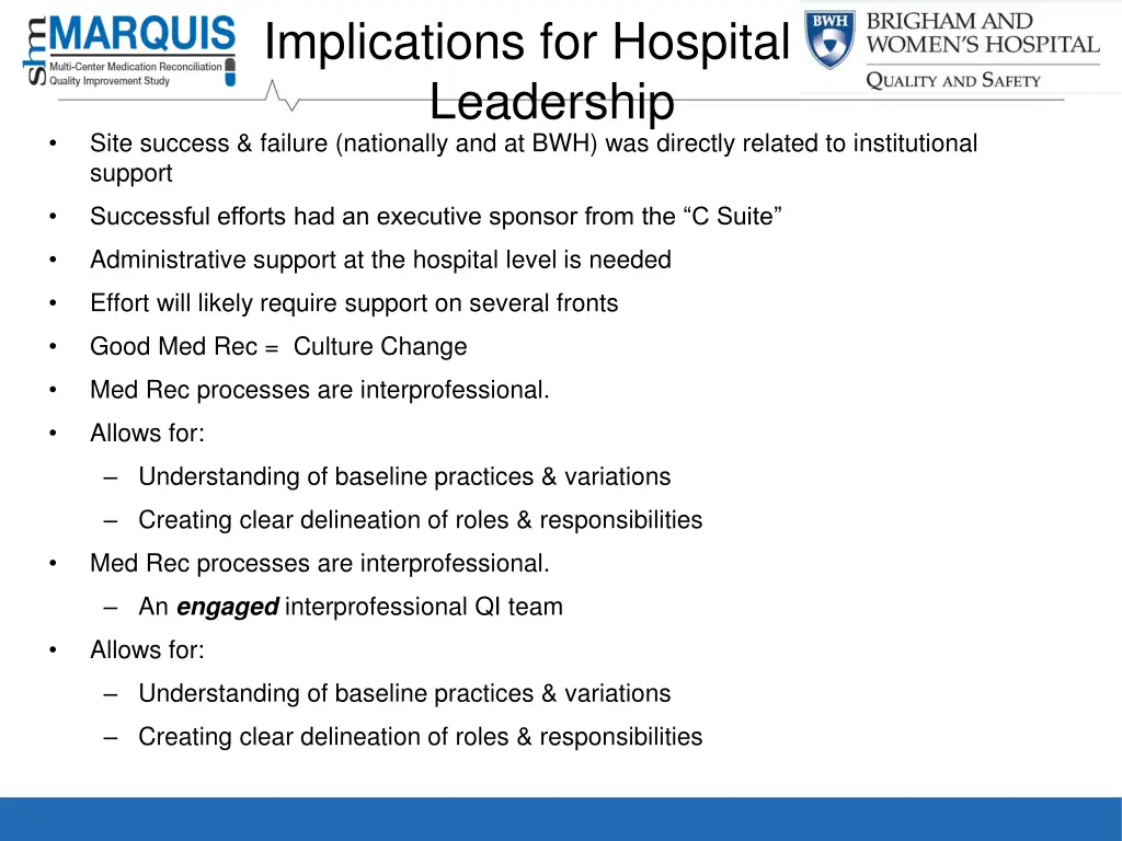implications for hospital leadership site success