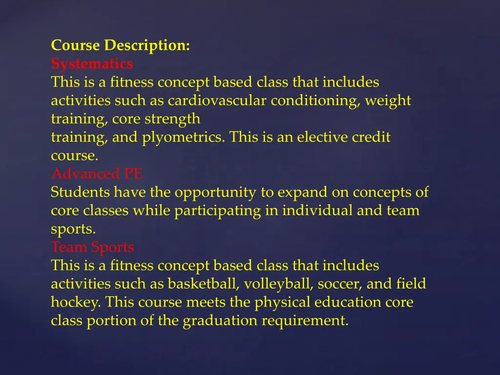 course description systematics this is a fitness