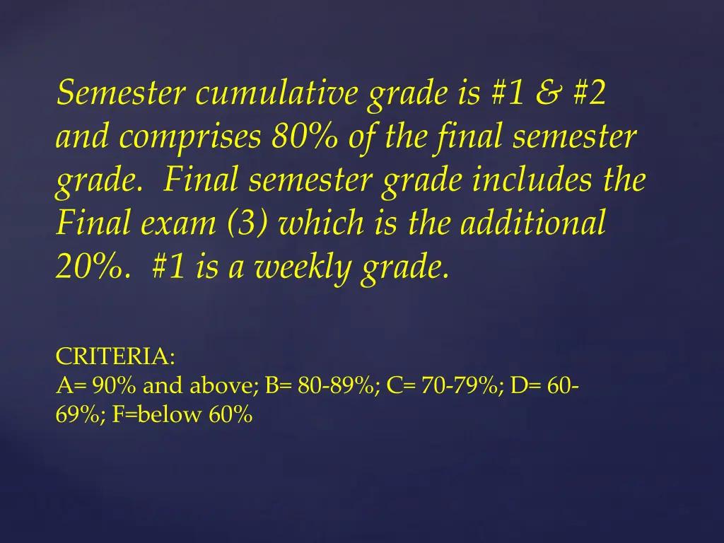 semester cumulative grade is 1 2 and comprises