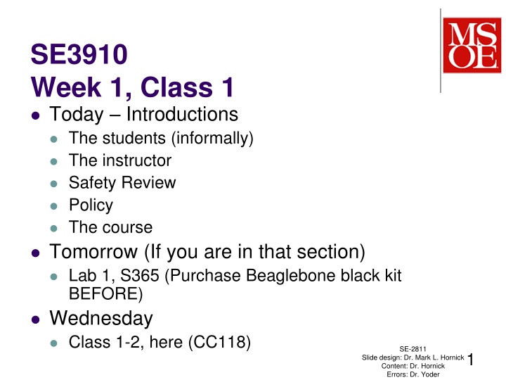 se3910 week 1 class 1 today introductions