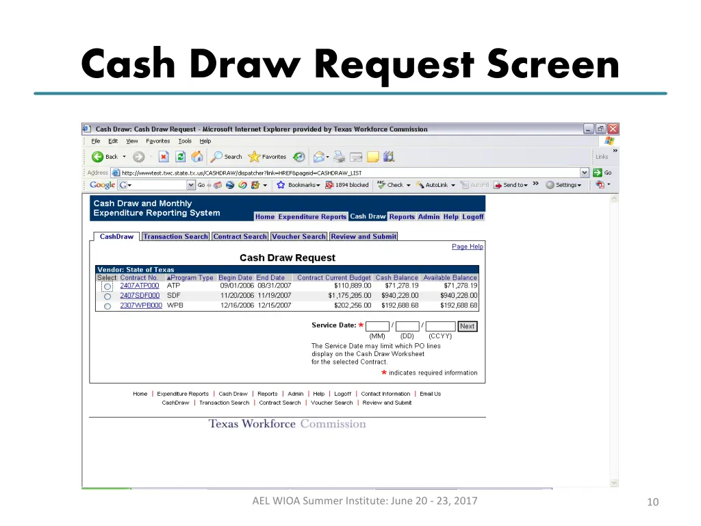 cash draw request screen