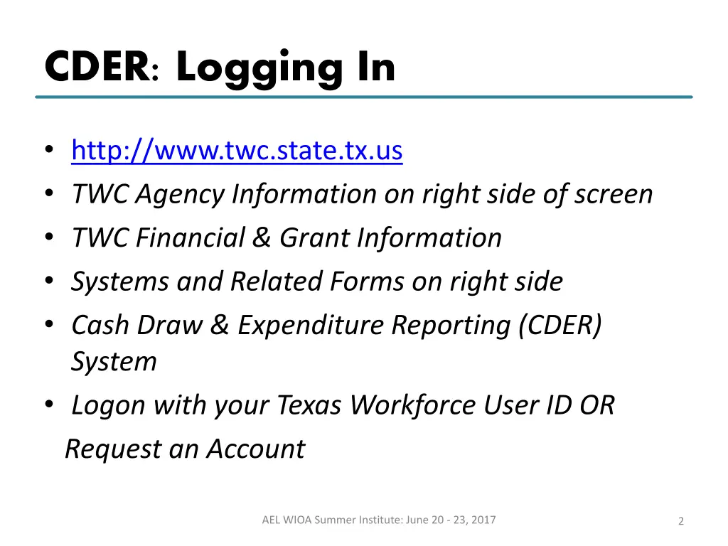 cder logging in