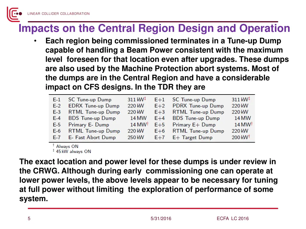 impacts on the central region design and operation