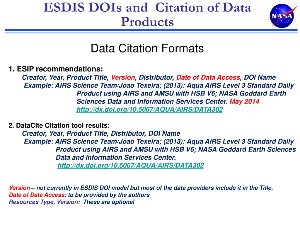 esdis dois and citation of data products