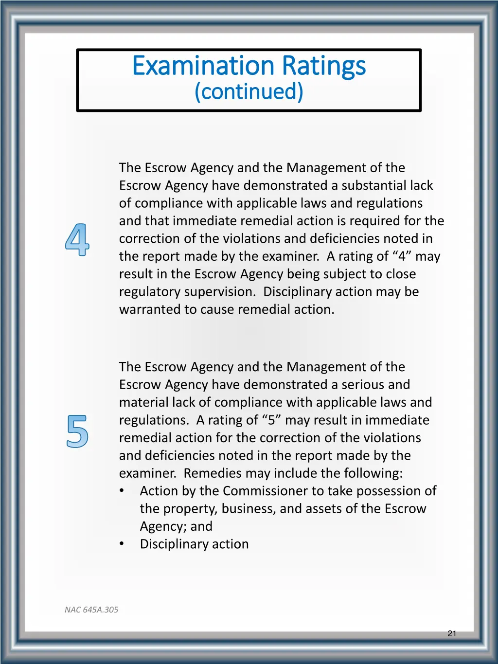 examination ratings examination ratings continued