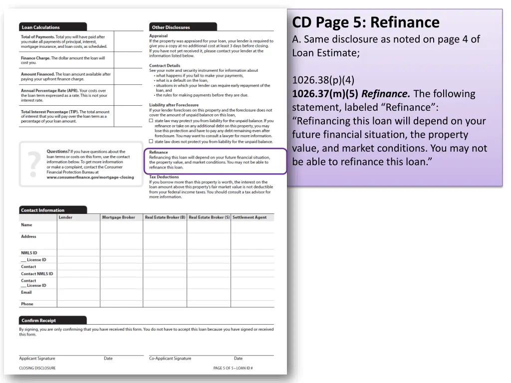 cd page 5 refinance a same disclosure as noted